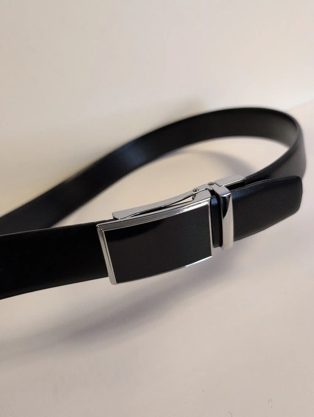 Men's Black Bonded Leather Ratchet Belt Silver Slide Buckle Adjustable 34-36